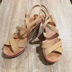 Kate Spade Tan and Stripe Strappy Wedge Sandals